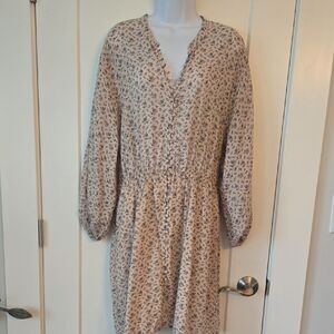 Joie Cream and Brown Bishop Sleeve V-Neck Dress
